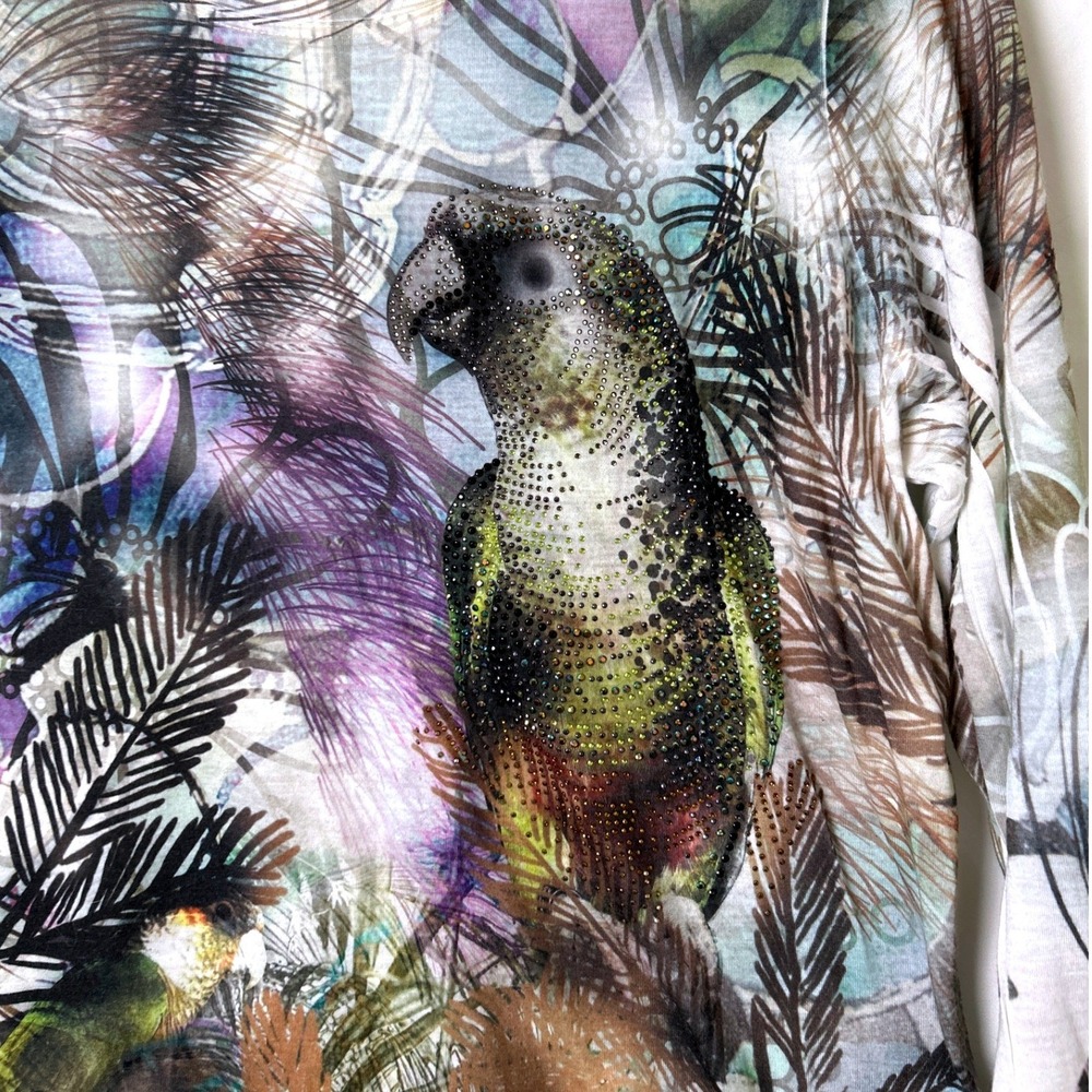 Chico's Womens Tropical Parrot Rhinestone 3/4 Sleeve Top Size L Lightweight